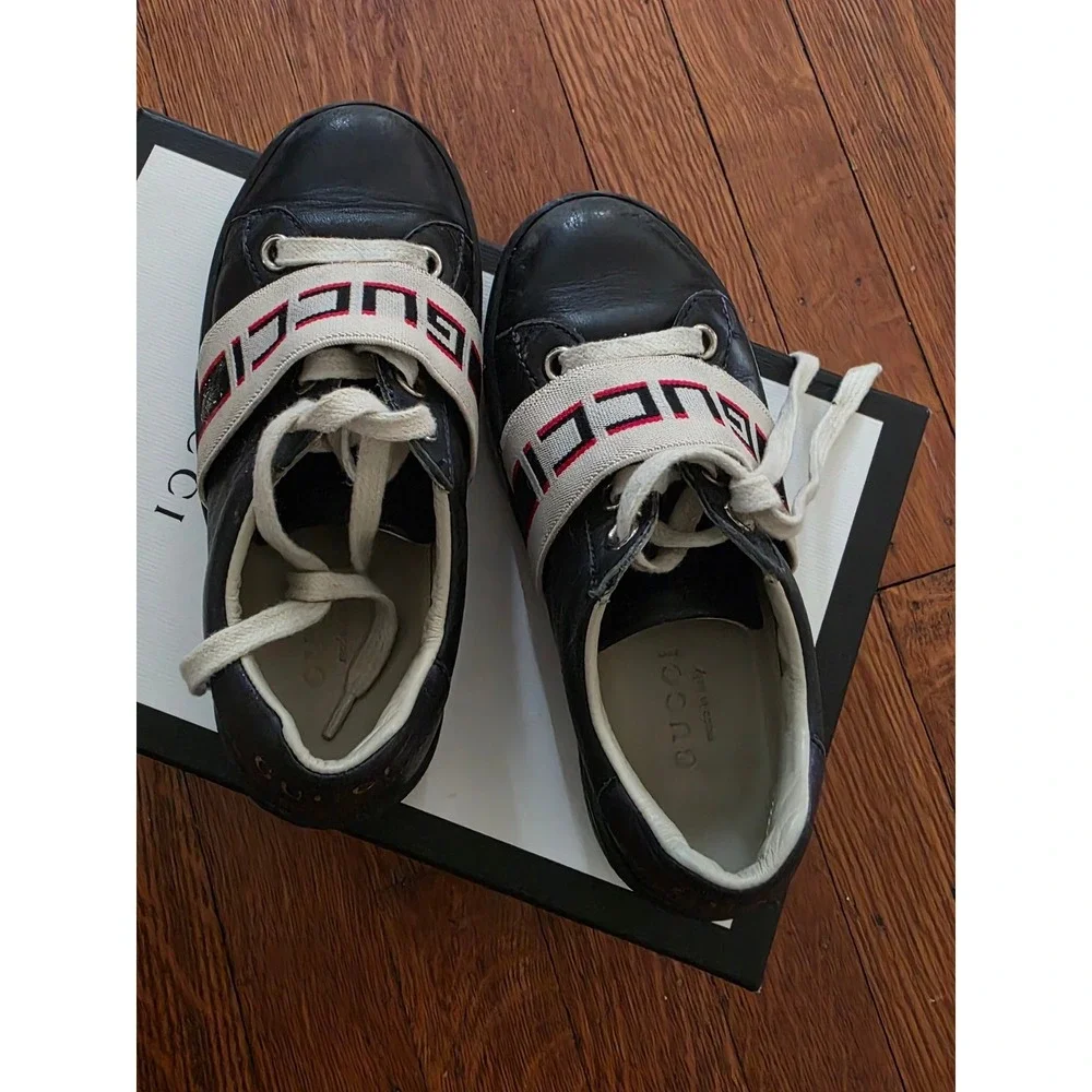 Gucci Ace Black Leather Logo Elastic Strap Sneakers Low Top Shoes‎ 523469
